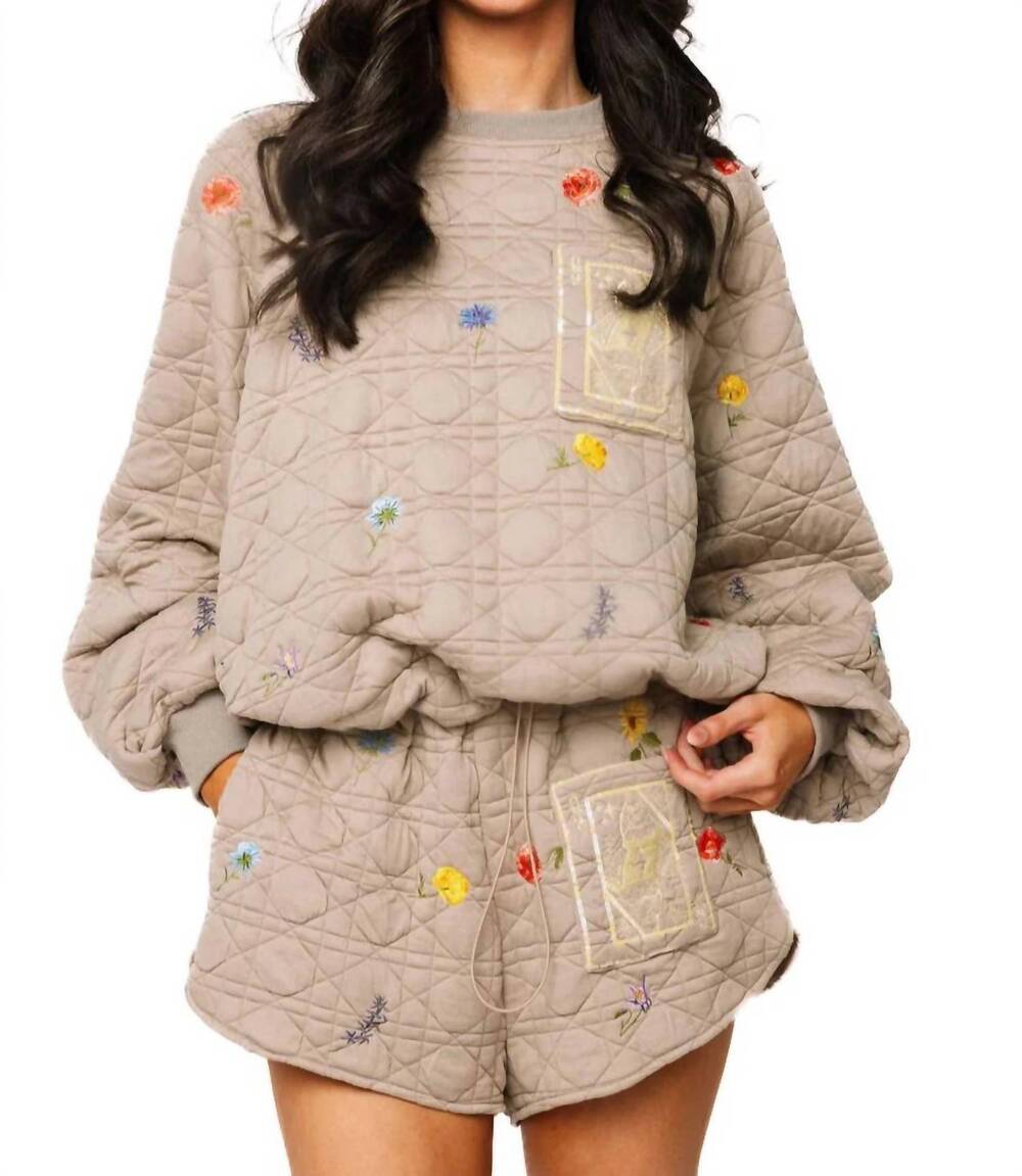 NEW QUEEN OF SPARKLES quilted floral card logo sweatshirt in beige